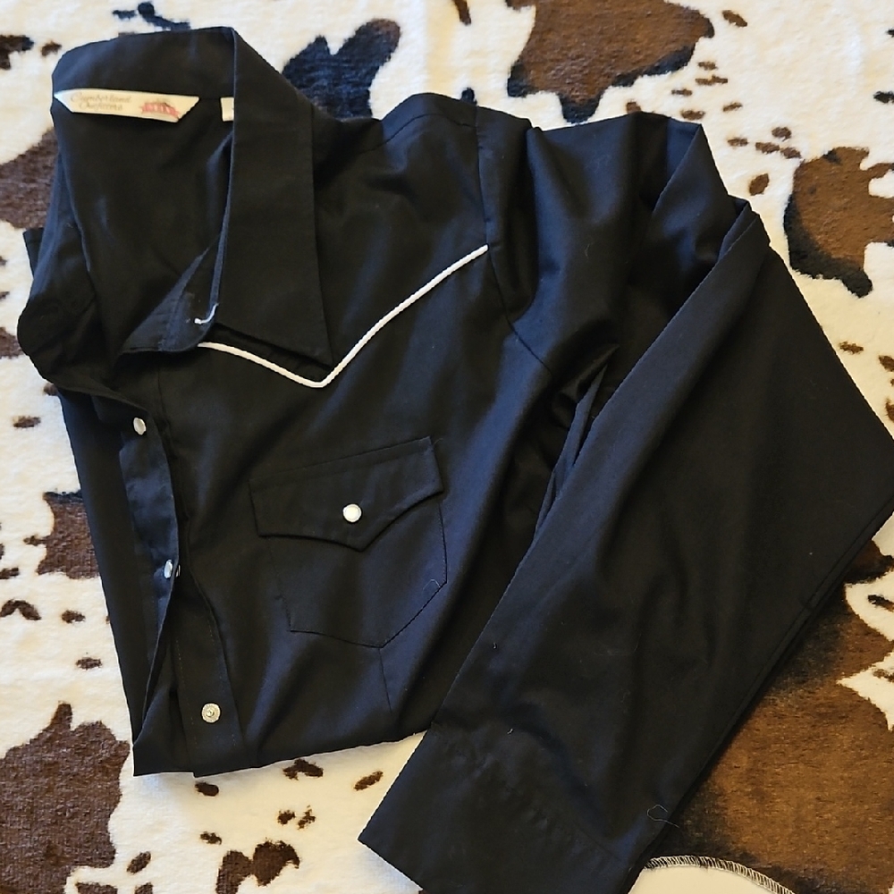 Black Western-Style Button-Down Shirt with White Piping